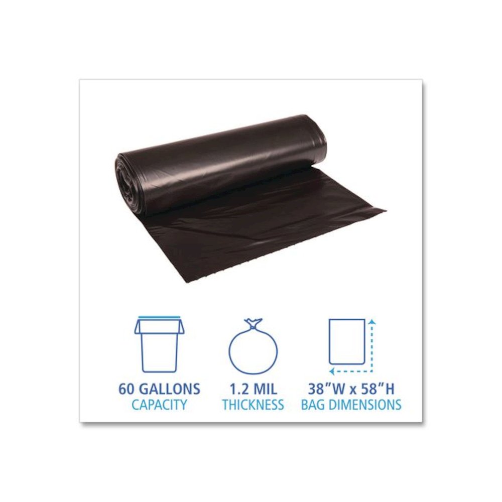 Recycled Low-Density Polyethylene Can Liners, 60 gal, 1.2 mil, 38" x 58", Black, Perforated, 10 Bags/Roll, 10 Rolls/Carton. Picture 4