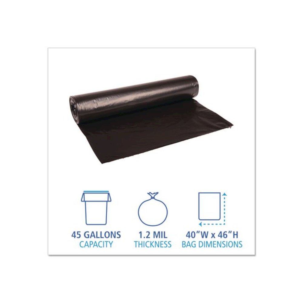 Recycled Low-Density Polyethylene Can Liners, 45 gal, 1.2 mil, 40" x 46", Black, Perforated, 10 Bags/Roll, 10 Rolls/Carton. Picture 4