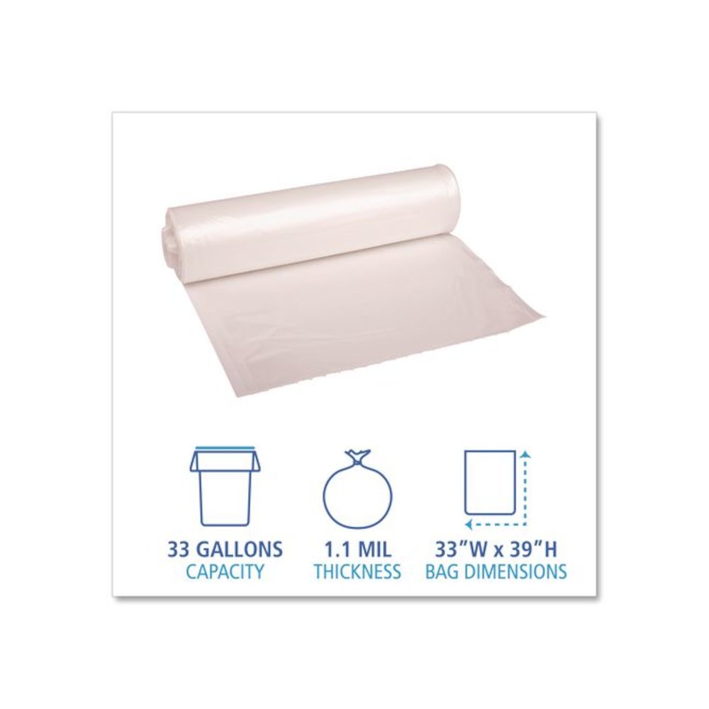 Recycled Low-Density Polyethylene Can Liners, 33 gal, 1.1 mil, 33" x 39", Clear, Perforated, 10 Bags/Roll, 10 Rolls/Carton. Picture 3