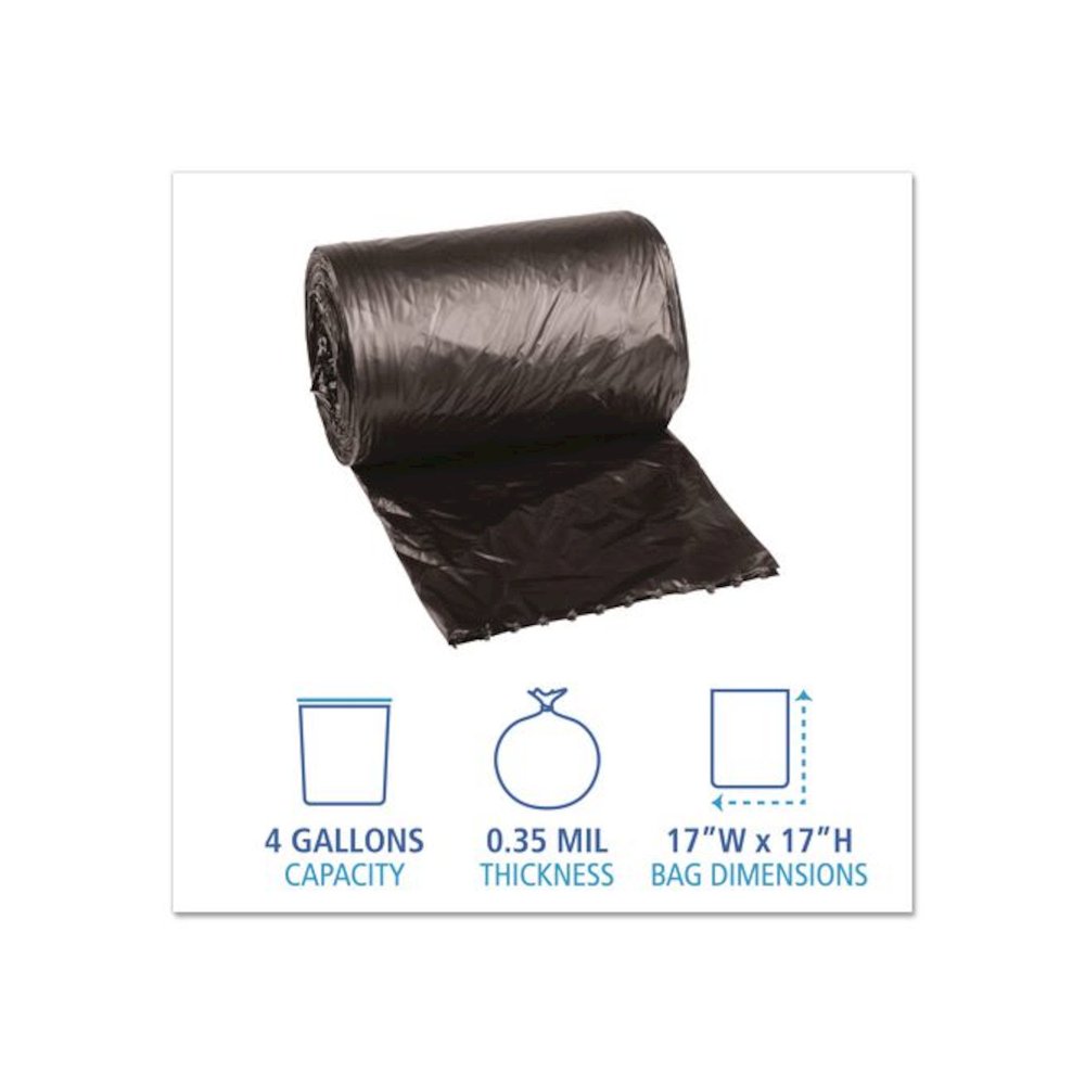 Low-Density Waste Can Liners, 4 gal, 0.35 mil, 17" x 17", Black, Perforated Roll, 50 Bags/Roll, 20 Rolls/Carton. Picture 2