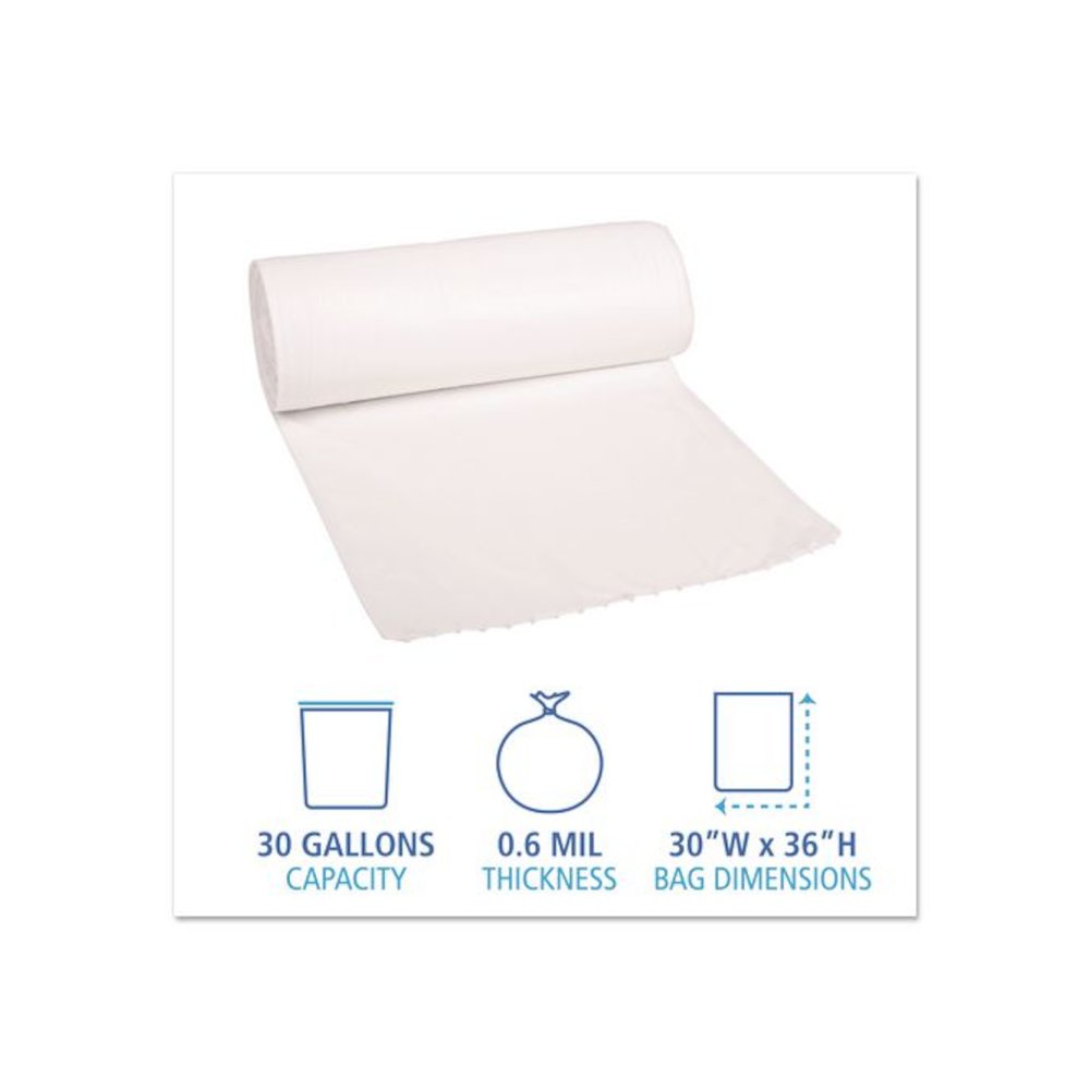 Low-Density Waste Can Liners, 30 gal, 0.6 mil, 30" x 36", White, Perforated Roll, 25 Bags/Roll, 8 Rolls/Carton. Picture 2