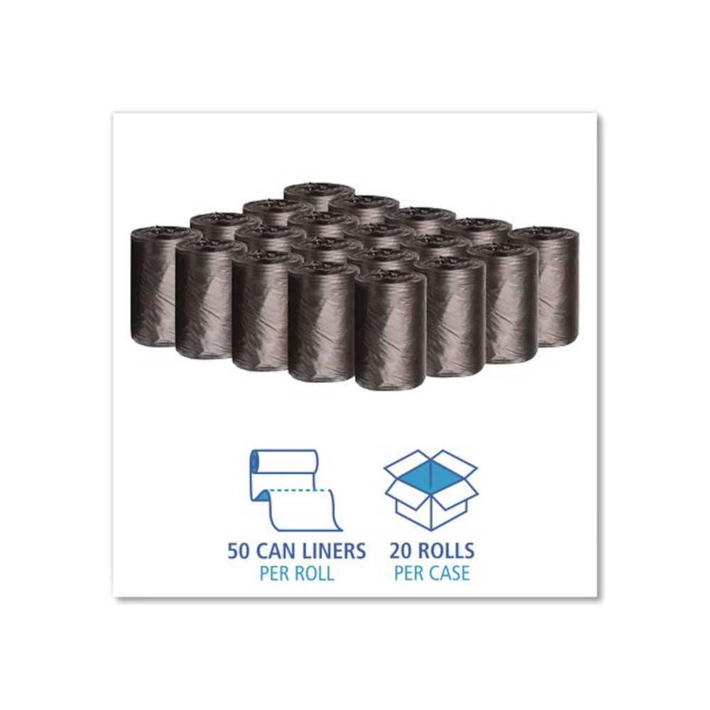 Low-Density Waste Can Liners, 4 gal, 0.35 mil, 17" x 17", Black, Perforated Roll, 50 Bags/Roll, 20 Rolls/Carton. Picture 3