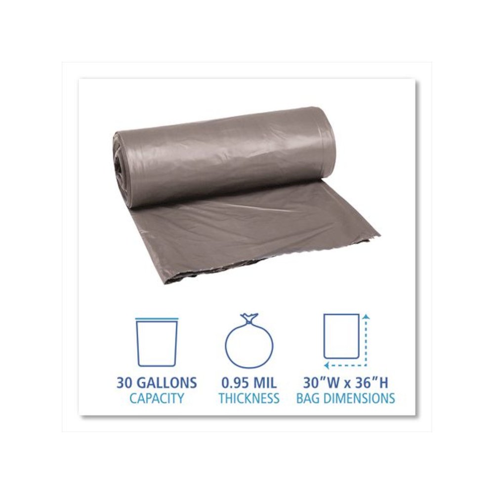 Low-Density Waste Can Liners, 30 gal, 0.95 mil, 30" x 36", Gray, Perforated Roll, 25 Bags/Roll, 4 Rolls/Carton. Picture 2
