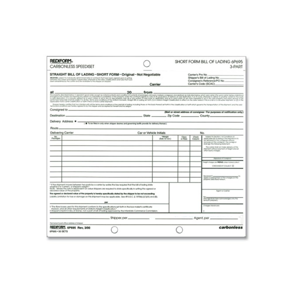 Speediset Bill of Lading, Short Form, Three-Part Carbonless, 7 x 8.5, 50 Forms Total. Picture 1