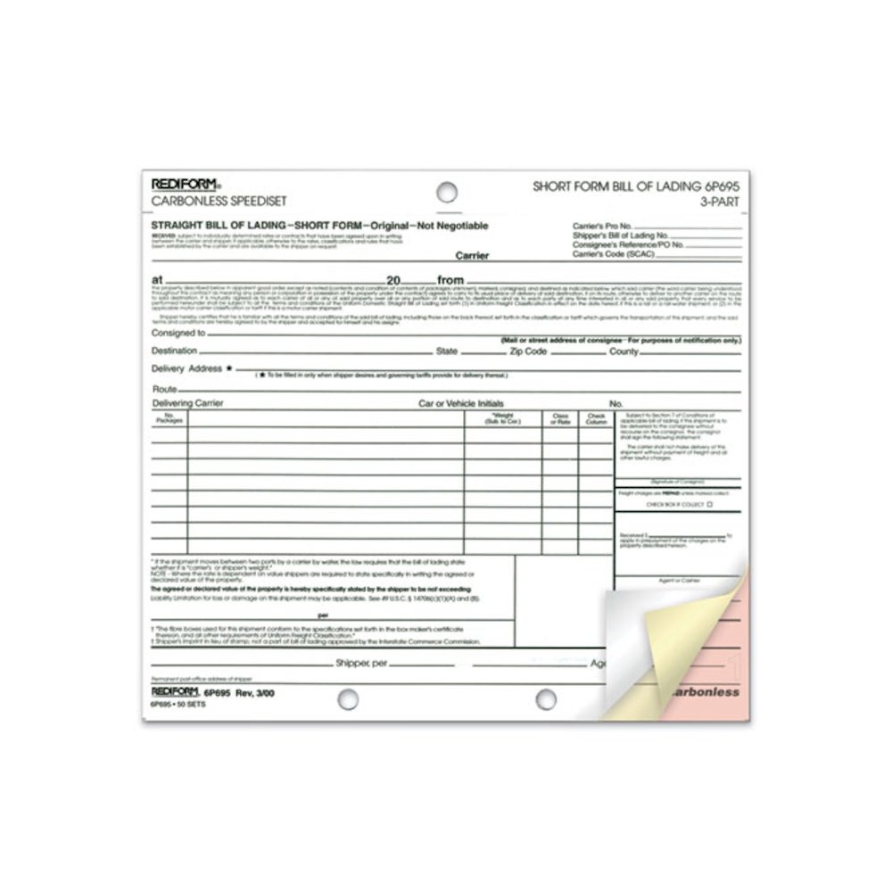 Speediset Bill of Lading, Short Form, Three-Part Carbonless, 7 x 8.5, 50 Forms Total. Picture 2