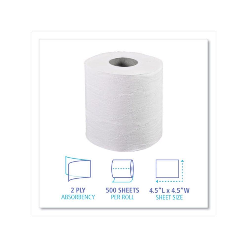 Two-Ply Toilet Tissue, Septic Safe, White, 4.5 x 4.5, 500 Sheets/Roll, 96 Rolls/Carton. Picture 3