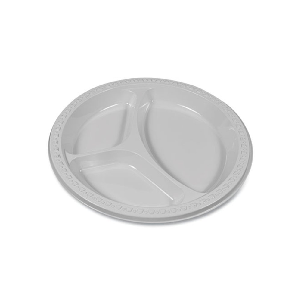 Plastic Dinnerware, 3-Compartment Plates, 9" dia, White, 125/Pack. Picture 4