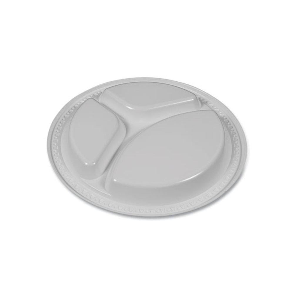 Plastic Dinnerware, 3-Compartment Plates, 9" dia, White, 125/Pack. Picture 5