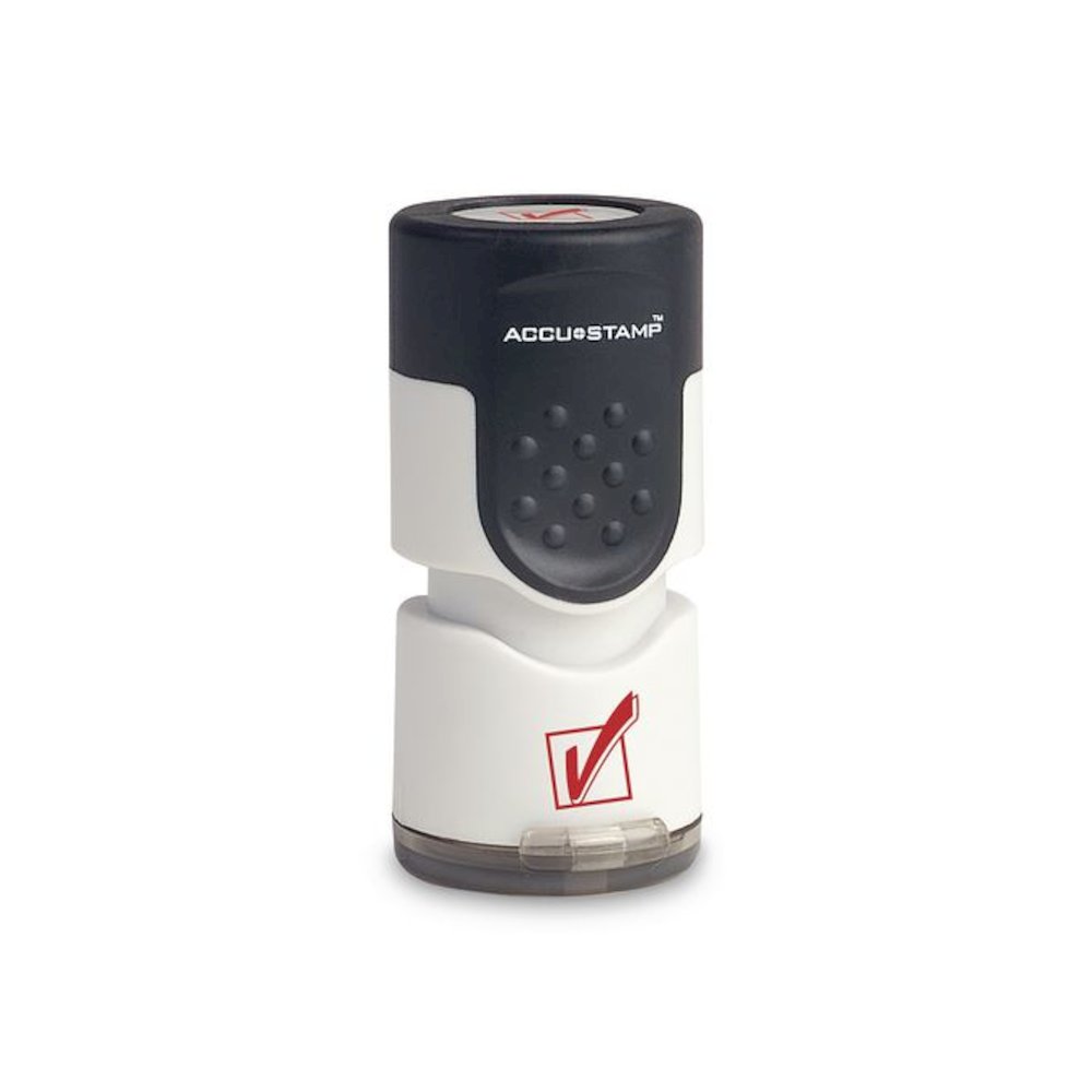 Pre-Inked Round Stamp, Check Mark, 0.63" dia, Red. Picture 1