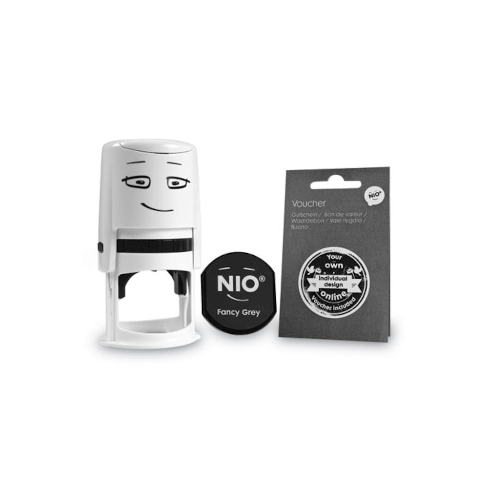 Stamp with Voucher and Fancy Gray Ink Pad, Self-Inking, 1.56" Diameter. Picture 1