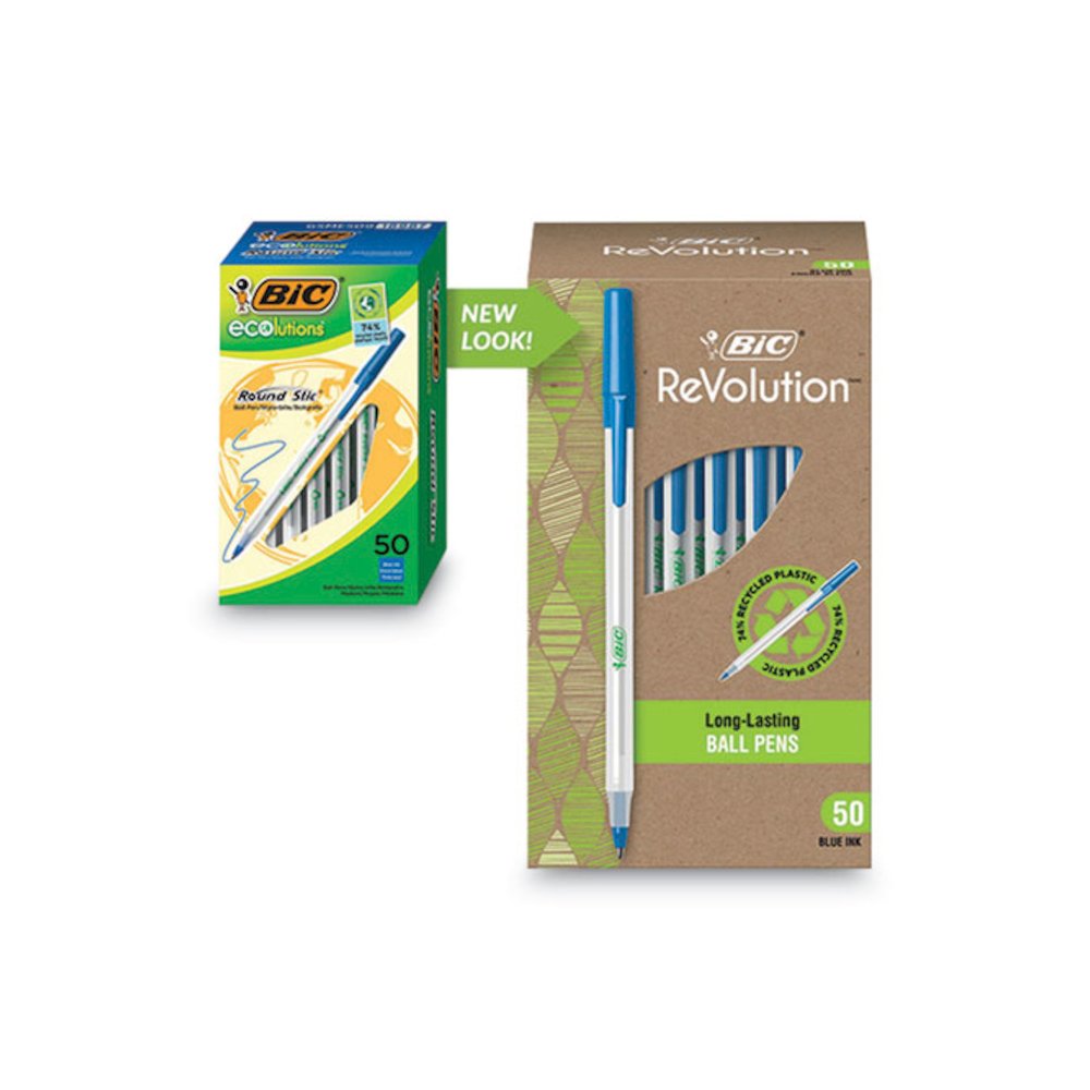 Ecolutions Round Stic Ballpoint Pen Value Pack, Stick, Medium 1 mm, Blue Ink, Clear Barrel, 50/Pack. Picture 5