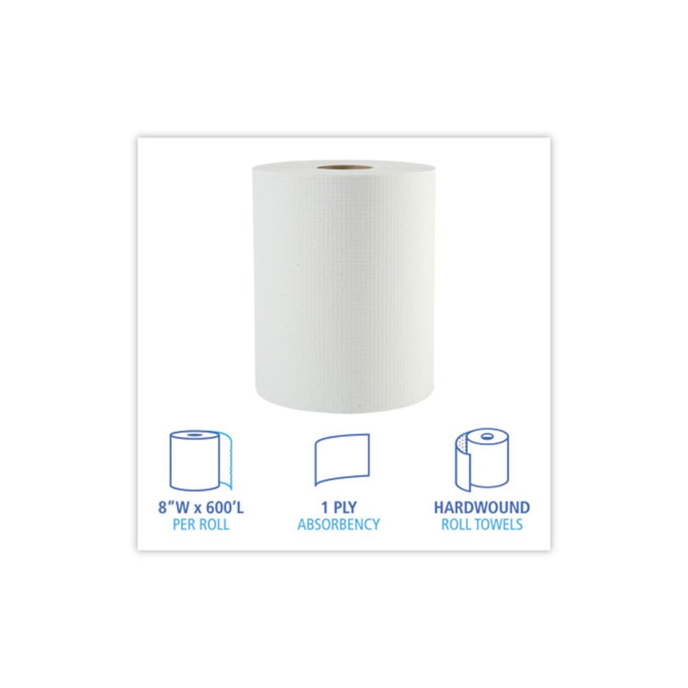 Hardwound Paper Towels, 1-Ply, 8" x 600 ft, White, 2" Core, 12 Rolls/Carton. Picture 2