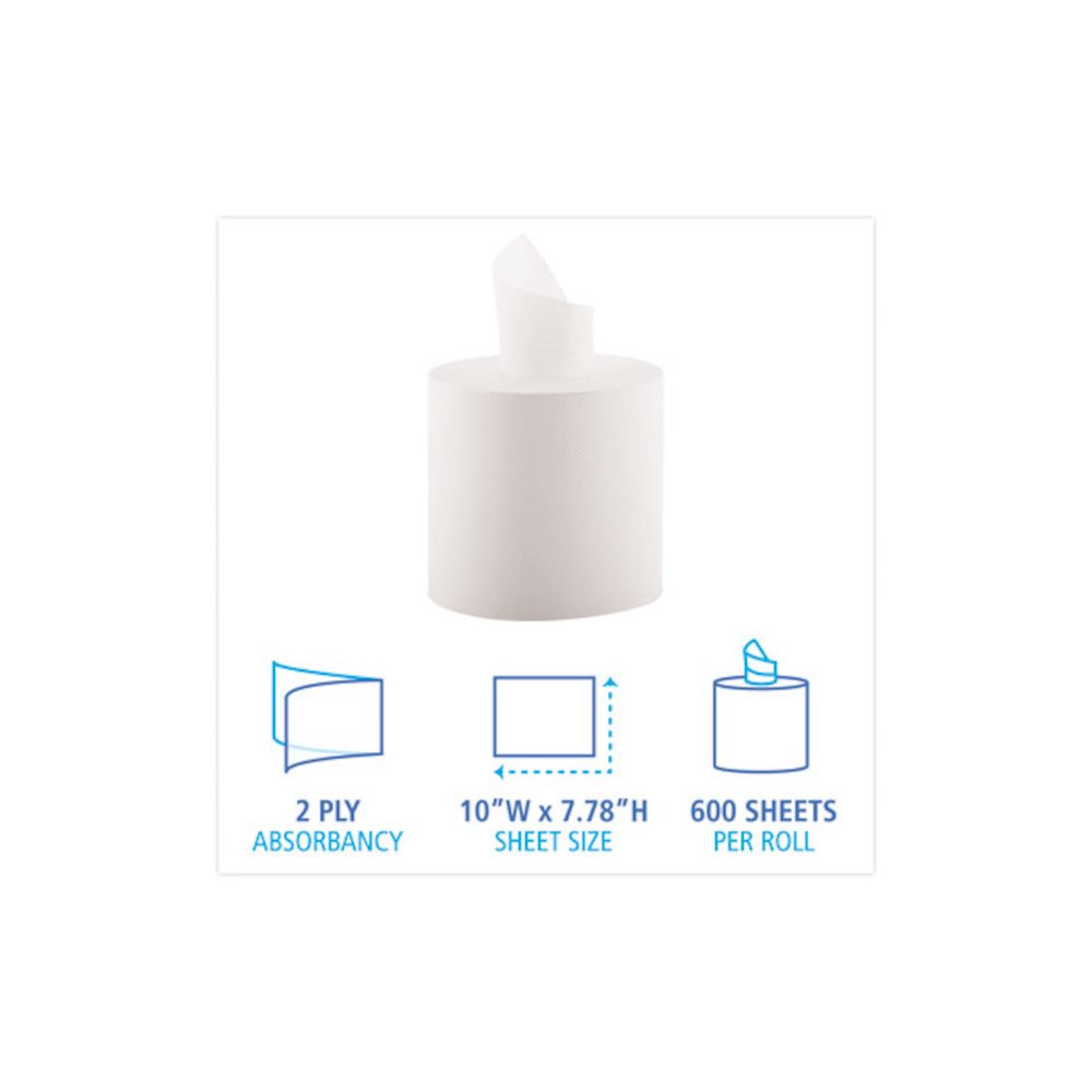 Center-Pull Hand Towels, 2-Ply, Perforated, 7.5 x 9, White, 600/Roll, 6 Rolls/Carton. Picture 2