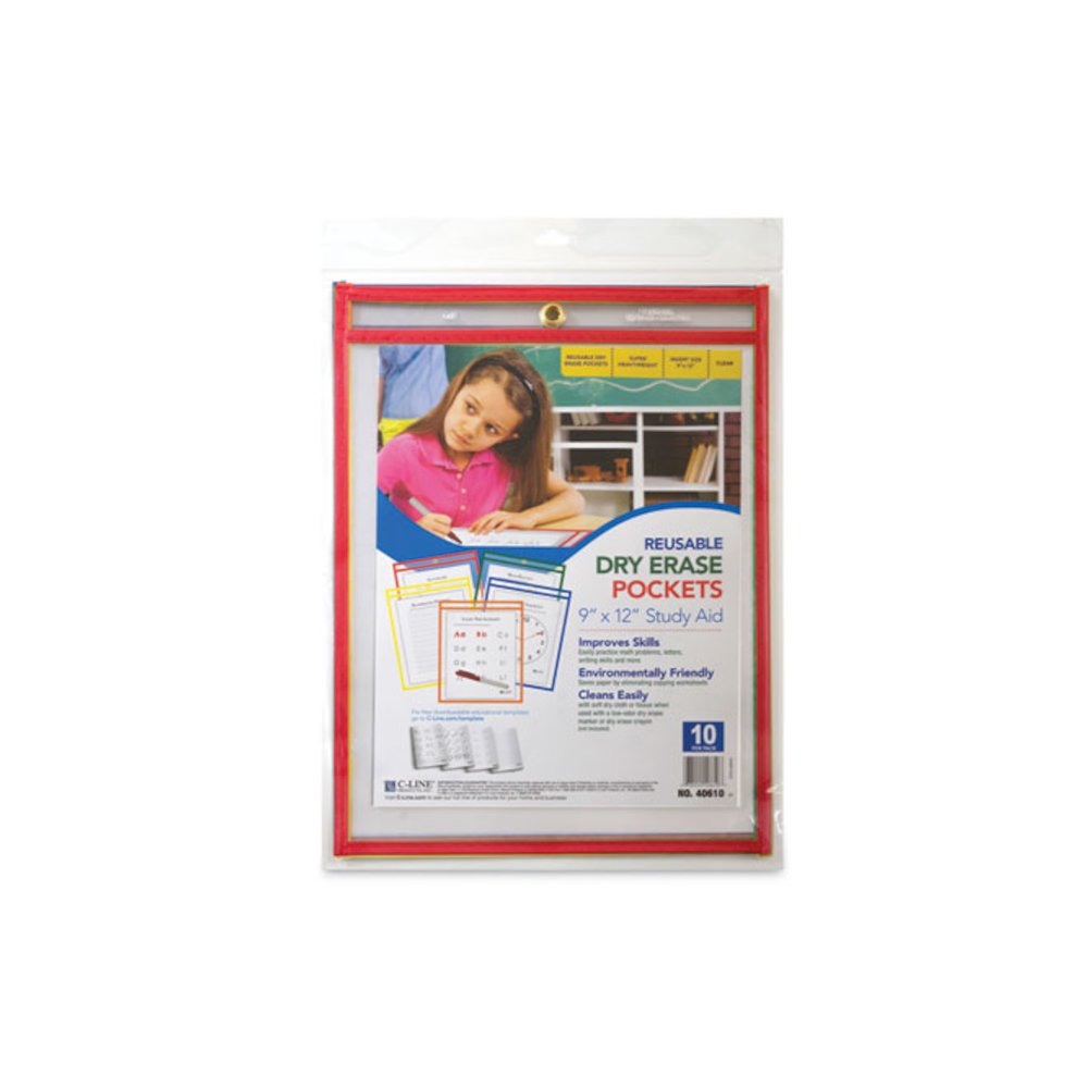 Reusable Dry Erase Pockets, Super Heavy-Duty, Top Load 9 x 12 Insert, Clear Front, Assorted Border Colors, 10/Pack. Picture 4