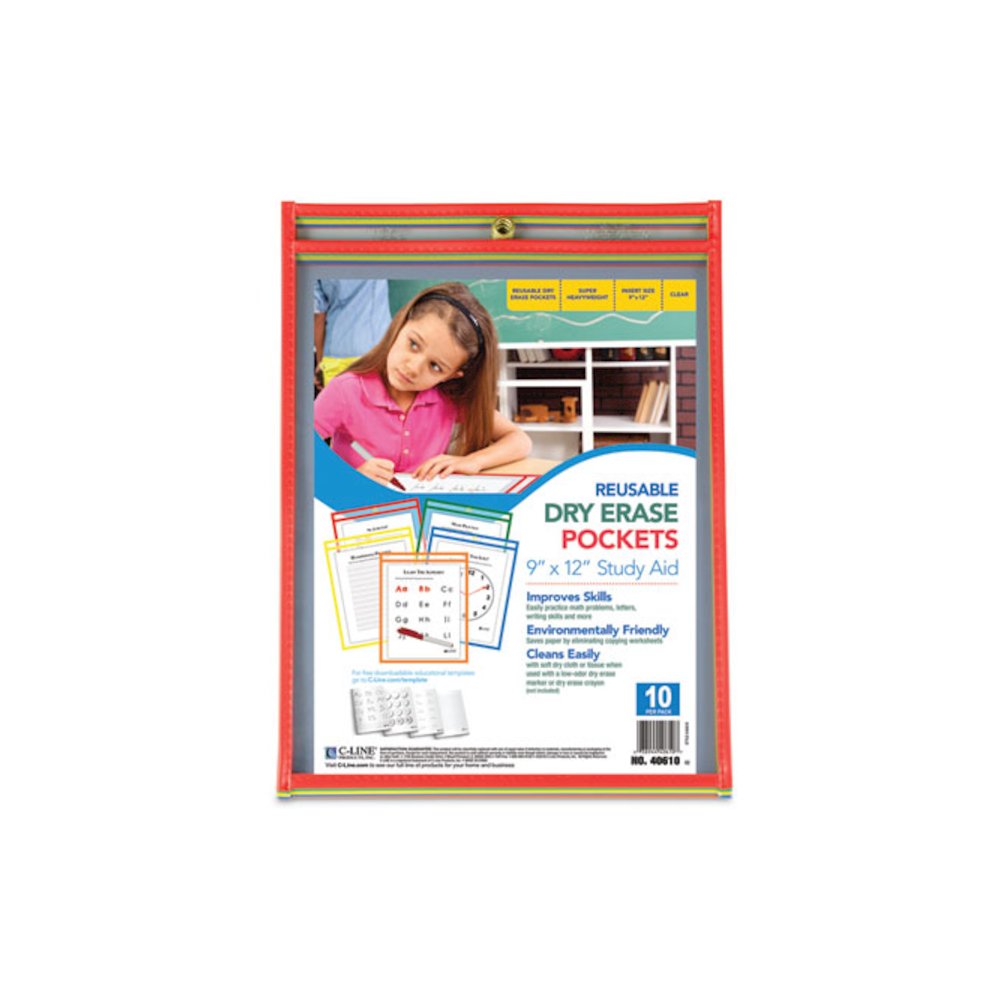 Reusable Dry Erase Pockets, Super Heavy-Duty, Top Load 9 x 12 Insert, Clear Front, Assorted Border Colors, 10/Pack. Picture 2