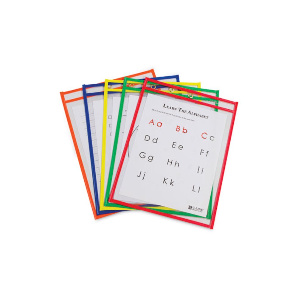 Reusable Dry Erase Pockets, Super Heavy-Duty, Top Load 9 x 12 Insert, Clear Front, Assorted Border Colors, 10/Pack. Picture 5
