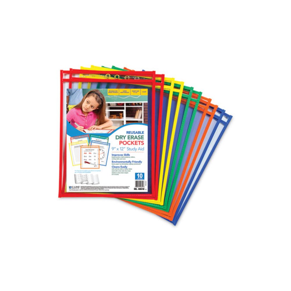 Reusable Dry Erase Pockets, Super Heavy-Duty, Top Load 9 x 12 Insert, Clear Front, Assorted Border Colors, 10/Pack. Picture 3