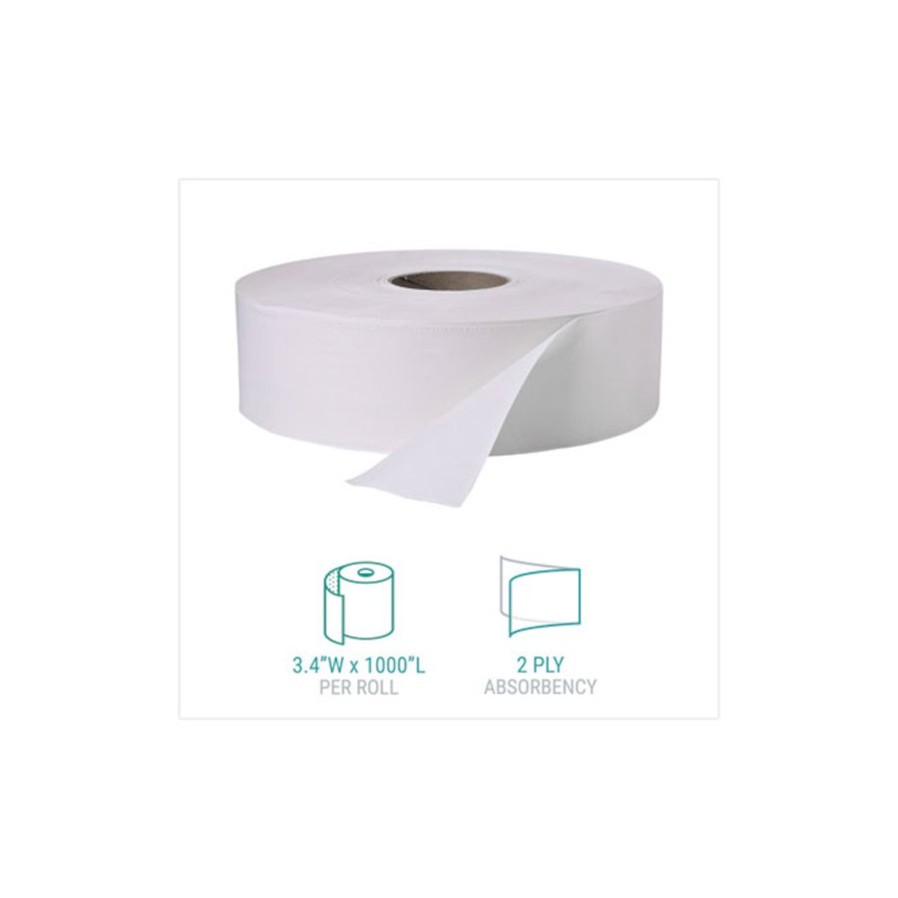 Jumbo Roll Bath Tissue, Septic Safe, 2-Ply, 3.4" x 1,000 ft, White, 12 Rolls/Carton. Picture 2