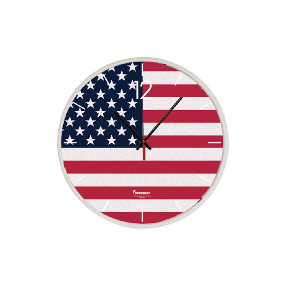 6645016986559 SKILCRAFT American Flag Quartz Wall Clock, 12.75" Overall Diameter, White Case, 1 AA (sold separately). Picture 1