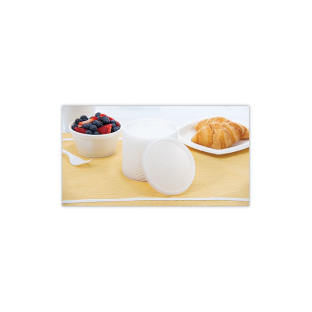 Plastic Lids for Foam Cups, Bowls and Containers, Flat, Vented, Fits 6 oz to 32 oz, Translucent, 100/Pack, 10 Packs/Carton. Picture 6