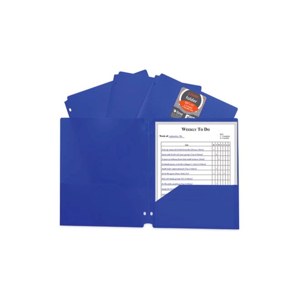 Two-Pocket Heavyweight Poly Portfolio Folder with 3-Hole Punch, Accommodates 11 x 8.5 Sheets, Blue, 25/Box. Picture 3