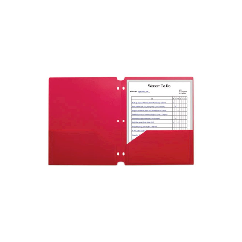 Two-Pocket Heavyweight Poly Portfolio Folder with 3-Hole Punch, Accommodates 11 x 8.5 Sheets, Red, 25/Box. Picture 5