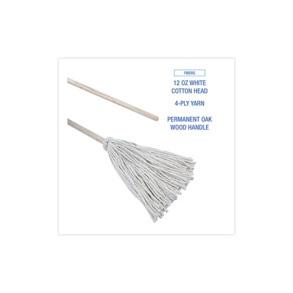 Handle/Deck Mops, #12 White Cotton Head, 48" Natural Wood Handle, 6/Pack. Picture 3