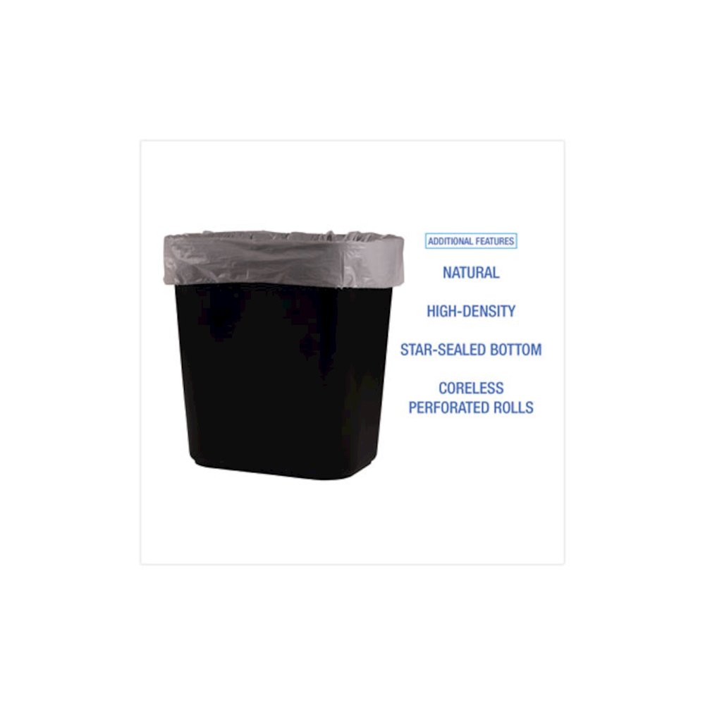 High-Density Can Liners, 10 gal, 6 mic, 24" x 23", Natural, Perforated Roll, 50 Bags/Roll, 20 Rolls/Carton. Picture 4