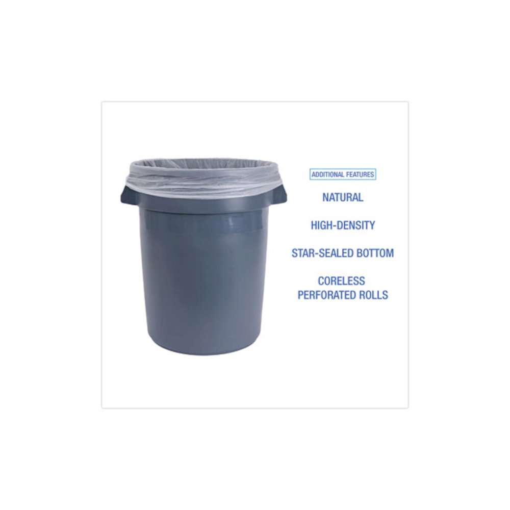High-Density Can Liners, 33 gal, 14 mic, 33" x 38", Natural, Perforated Roll, 25 Bags/Roll, 10 Rolls/Carton. Picture 4
