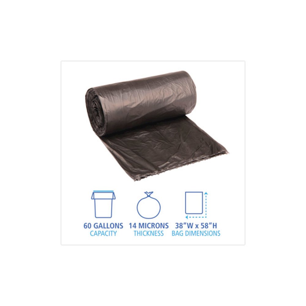 High-Density Can Liners, 60 gal, 14 mic, 38" x 58", Black, Perforated Roll, 25 Bags/Roll, 8 Rolls/Carton. Picture 2