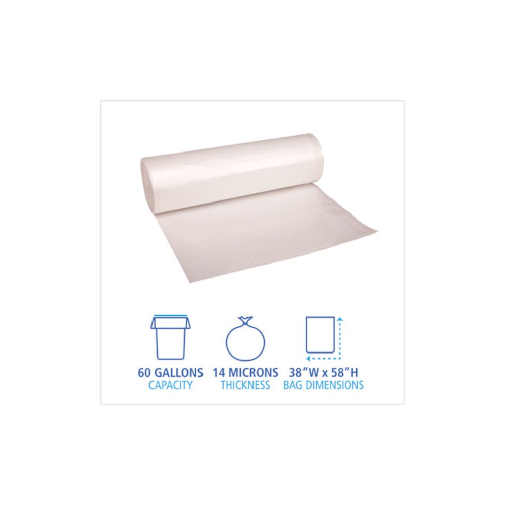 High-Density Can Liners, 60 gal, 14 mic, 38" x 58", Natural, Perforated Roll, 25 Bags/Roll, 8 Rolls/Carton. Picture 2
