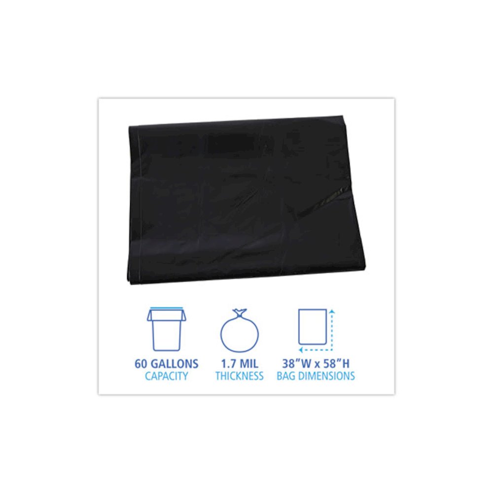 Linear Low Density Industrial Can Liners, 60 gal, 1.7 mil, 38" x 58", Black, Flat Pack, 100/Carton. Picture 2