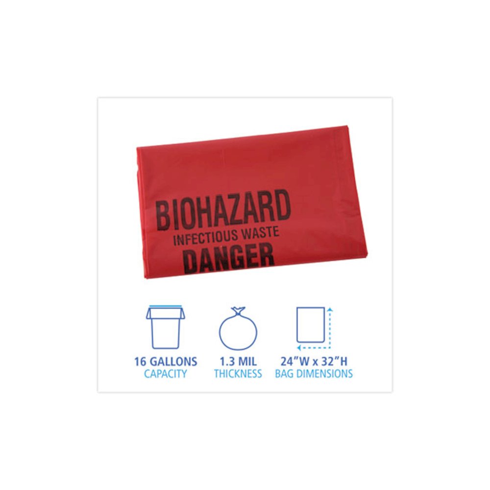Linear Low Density Health Care Trash Can Liners, 16 gal, 1.3 mil, 24" x 32", Red, Flat Pack, 250/Carton. Picture 2
