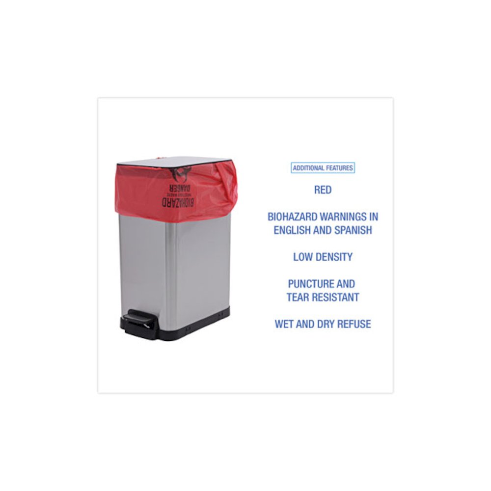 Linear Low Density Health Care Trash Can Liners, 16 gal, 1.3 mil, 24" x 32", Red, Flat Pack, 250/Carton. Picture 4