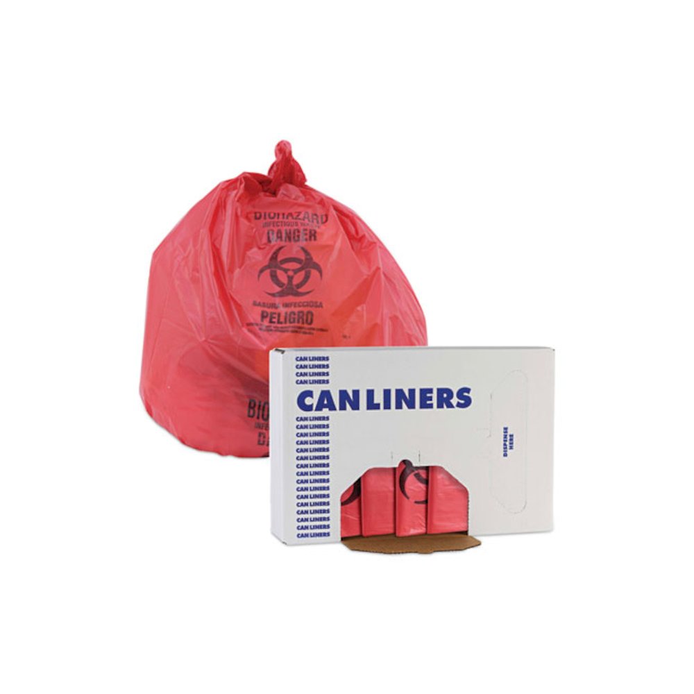 Linear Low Density Health Care Trash Can Liners, 16 gal, 1.3 mil, 24" x 32", Red, Flat Pack, 250/Carton. Picture 6