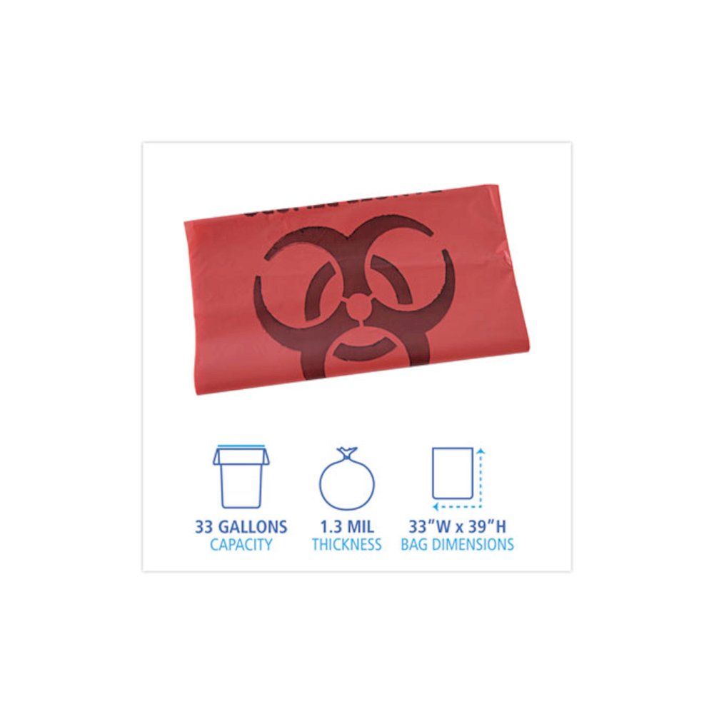 Linear Low Density Health Care Trash Can Liners, 33 gal, 1.3 mil, 33" x 39", Red, Flat Pack, 150/Carton. Picture 2