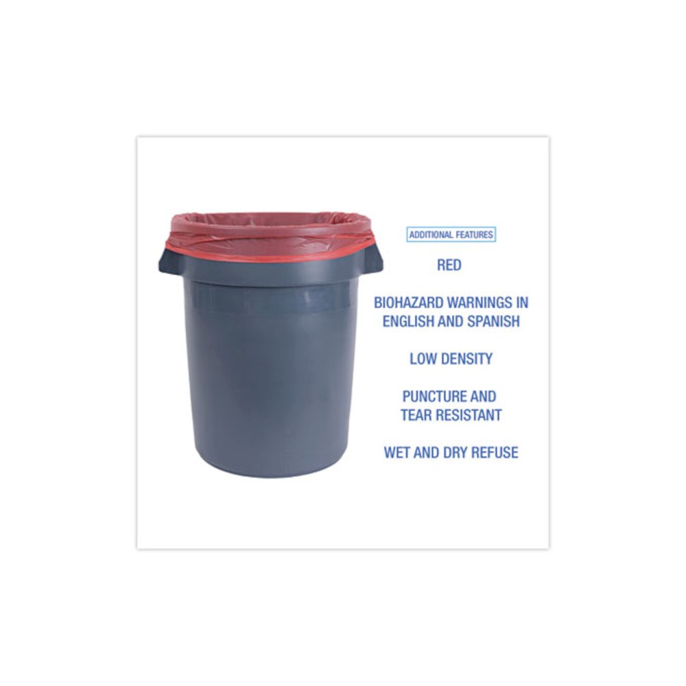 Linear Low Density Health Care Trash Can Liners, 33 gal, 1.3 mil, 33" x 39", Red, Flat Pack, 150/Carton. Picture 4