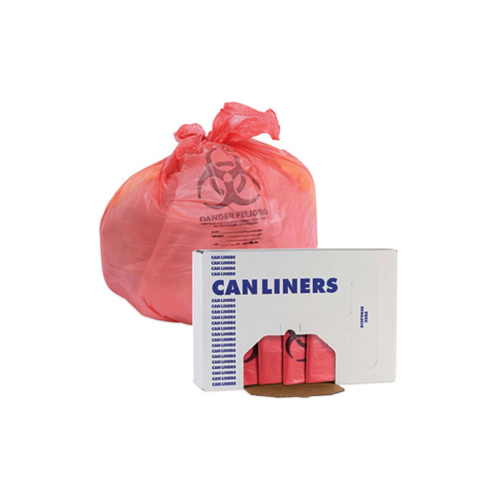 Linear Low Density Health Care Trash Can Liners, 33 gal, 1.3 mil, 33" x 39", Red, Flat Pack, 150/Carton. Picture 6