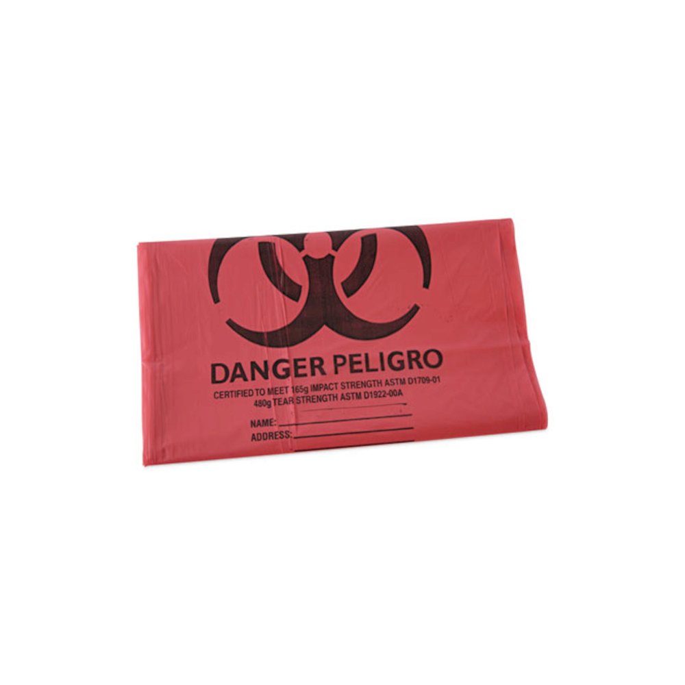 Linear Low Density Health Care Trash Can Liners, 45 gal, 1.3 mil, 40" x 46", Red, Flat Pack, 100/Carton. Picture 1
