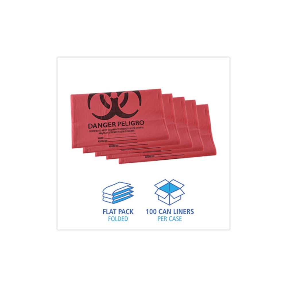 Linear Low Density Health Care Trash Can Liners, 45 gal, 1.3 mil, 40" x 46", Red, Flat Pack, 100/Carton. Picture 3