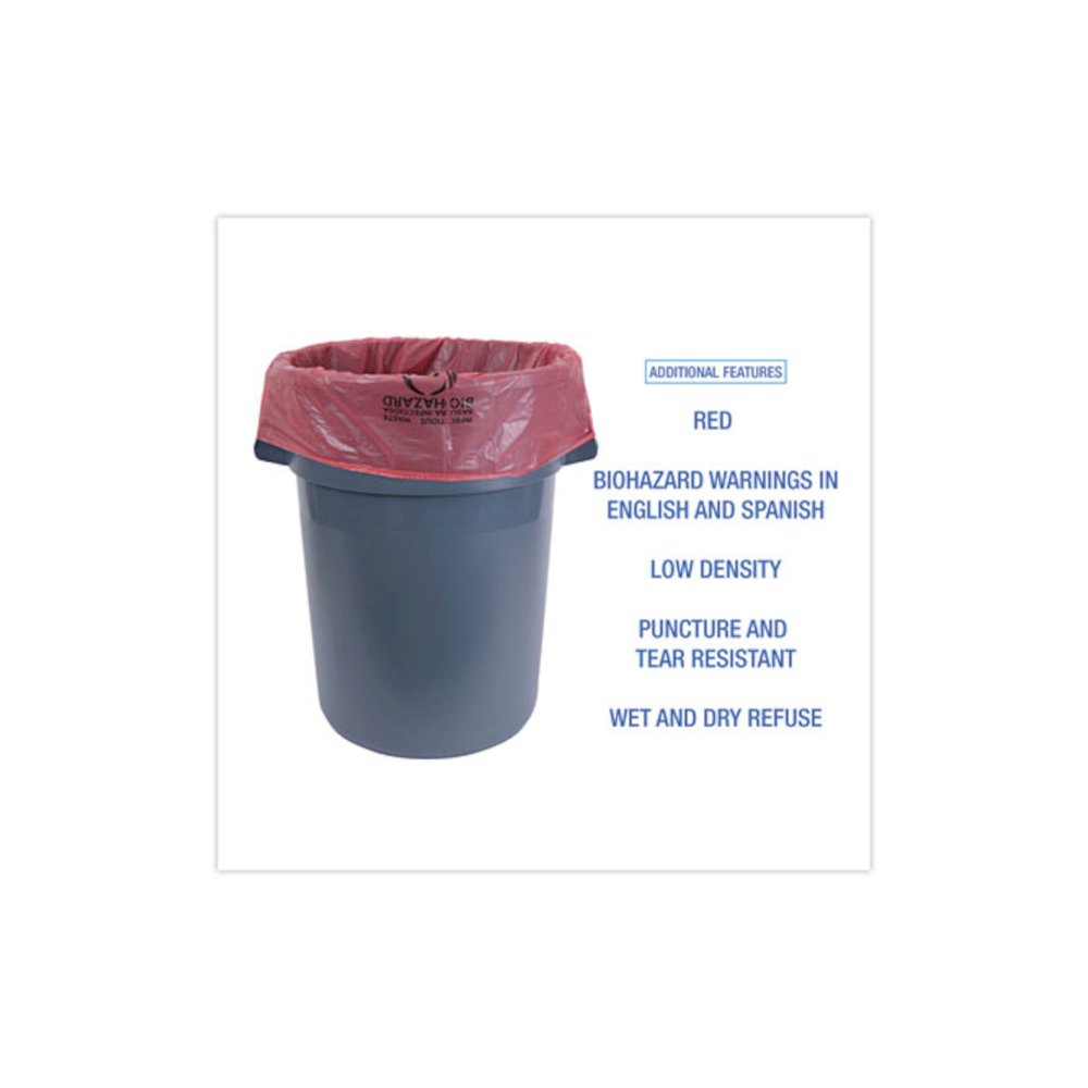 Linear Low Density Health Care Trash Can Liners, 45 gal, 1.3 mil, 40" x 46", Red, Flat Pack, 100/Carton. Picture 4