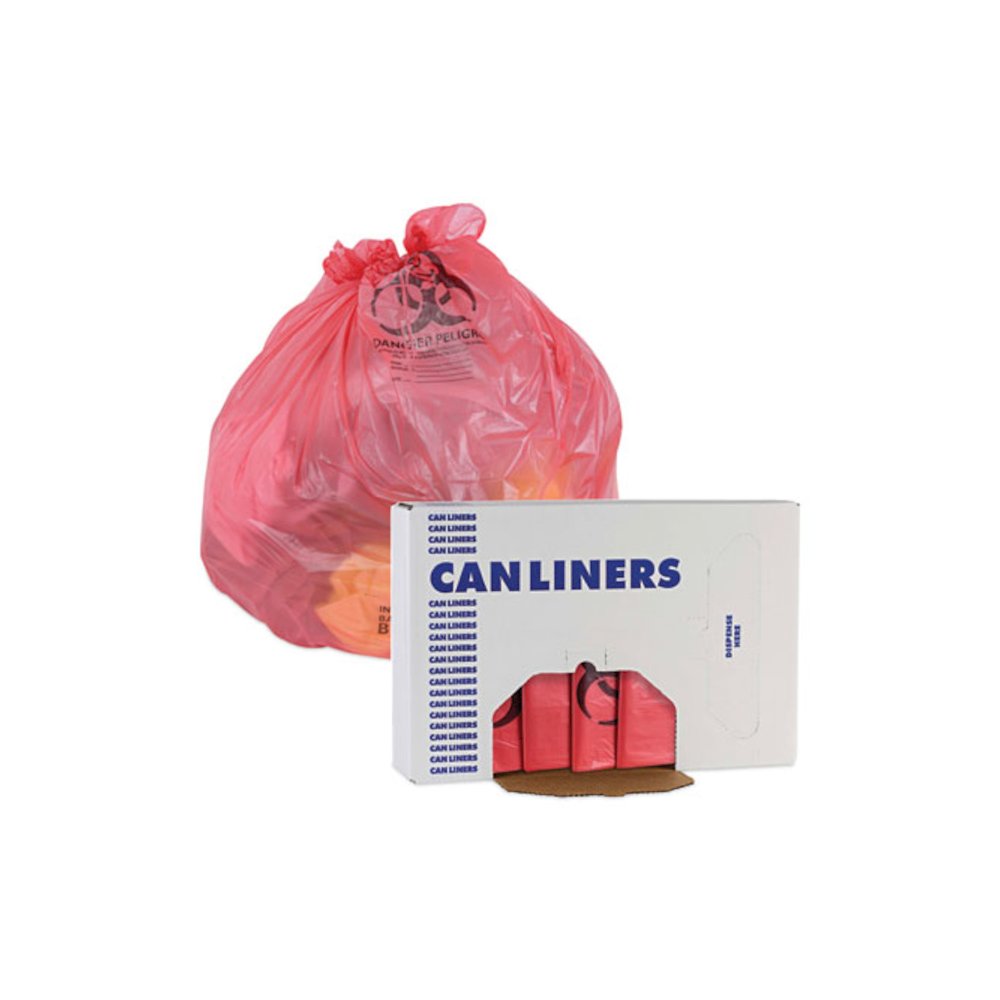 Linear Low Density Health Care Trash Can Liners, 45 gal, 1.3 mil, 40" x 46", Red, Flat Pack, 100/Carton. Picture 6