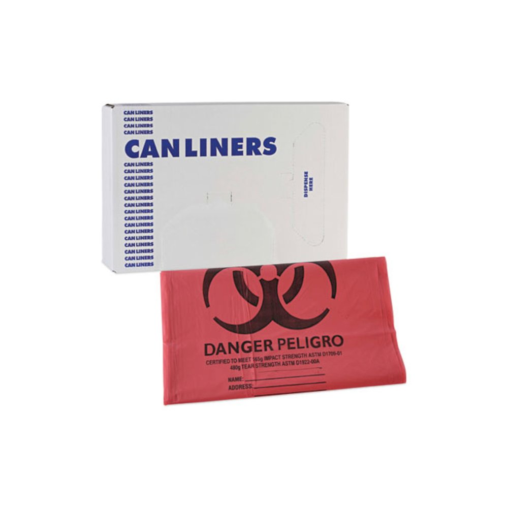 Linear Low Density Health Care Trash Can Liners, 45 gal, 1.3 mil, 40" x 46", Red, Flat Pack, 100/Carton. Picture 7