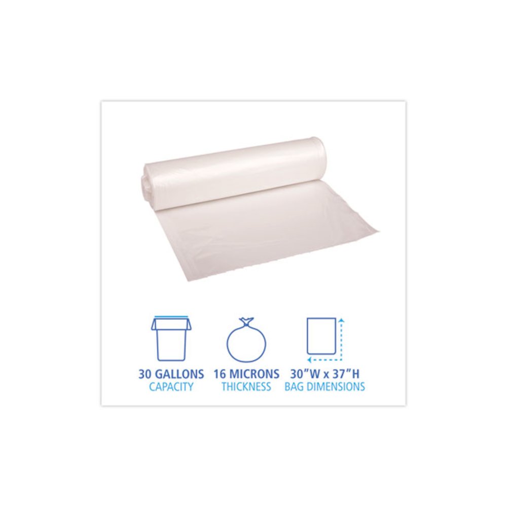High Density Industrial Can Liners Coreless Rolls, 30 gal, 16 mic, 30" x 37", Natural, Perforated, 25 Bags/Roll, 20 Rolls/CT. Picture 2