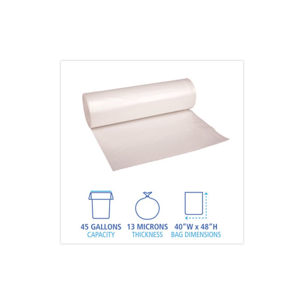High Density Industrial Can Liners Coreless Rolls, 45 gal, 13 mic, 40" x 48", Natural, Perforated, 25 Bags/Roll, 10 Rolls/CT. Picture 2
