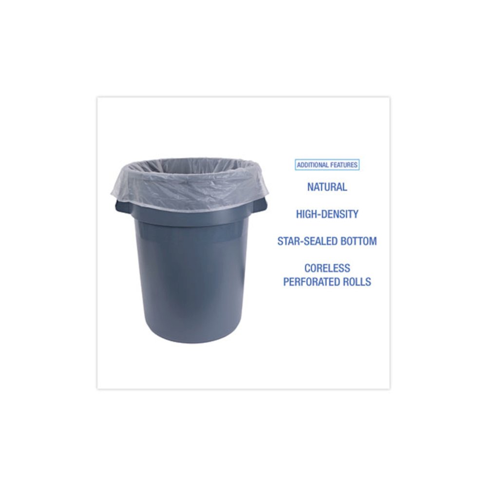 High Density Industrial Can Liners Coreless Rolls, 45 gal, 13 mic, 40" x 48", Natural, Perforated, 25 Bags/Roll, 10 Rolls/CT. Picture 4