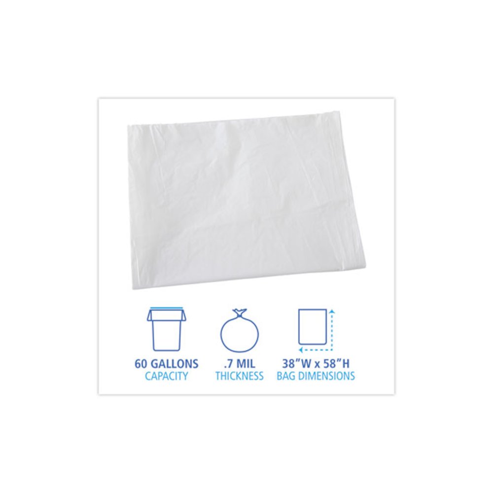 Linear Low Density Industrial Can Liners, 60 gal, 0.7 mil, 38" x 58", White, Flat Pack, 100/Carton. Picture 2