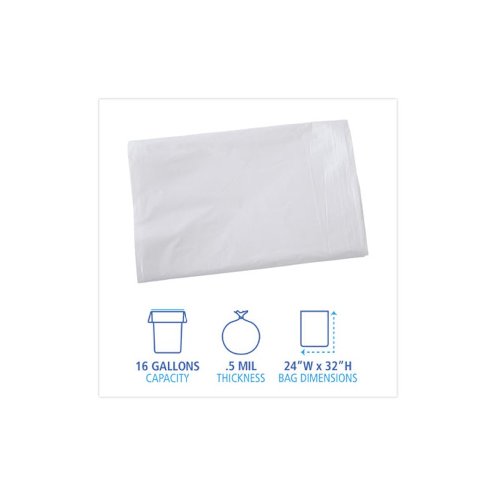 Linear Low Density Industrial Can Liners, 16 gal, 0.5 mil, 24" x 32", White, Flat Pack, 500/Carton. Picture 2