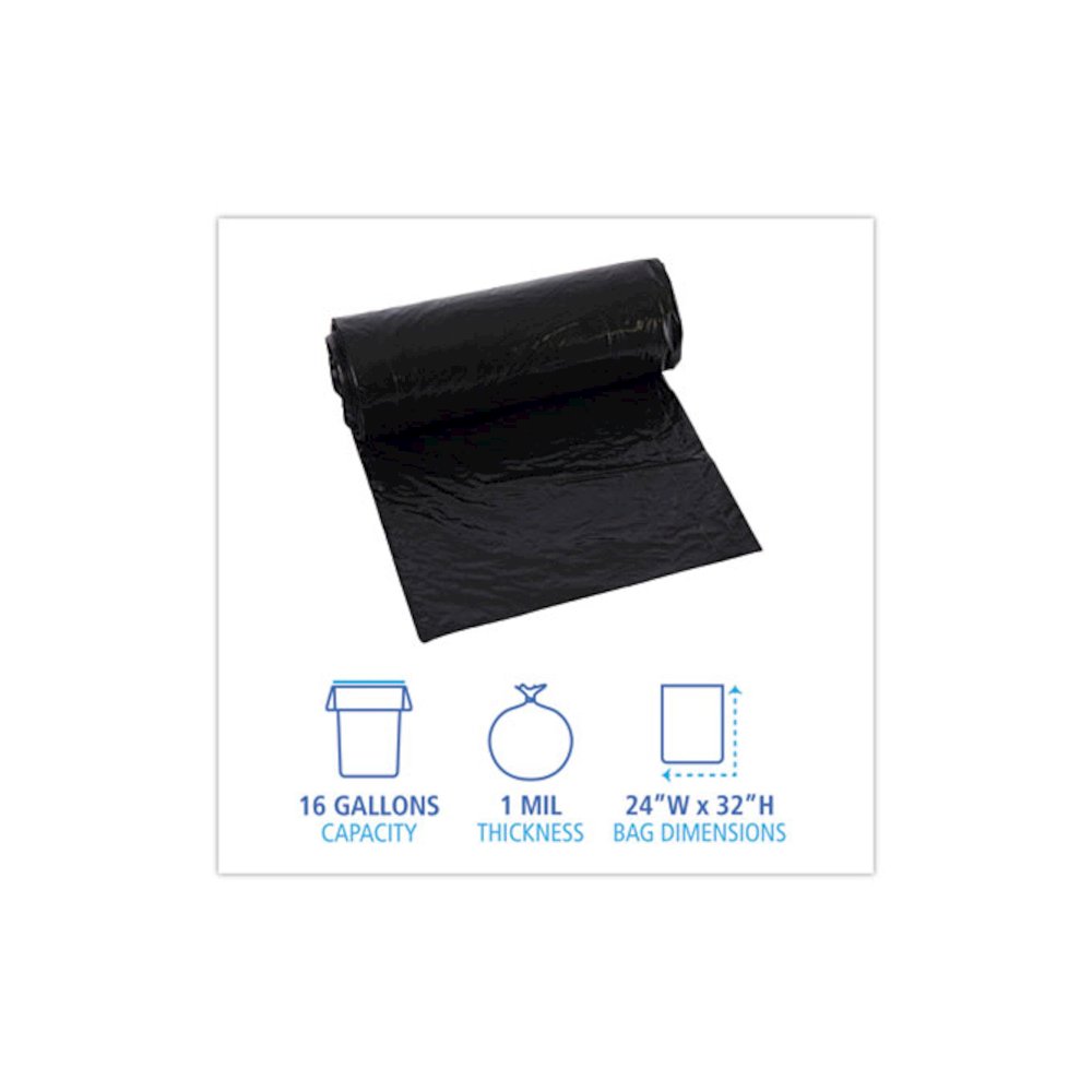 Low-Density Waste Can Liners, 16 gal, 1 mil, 24" x 32", Black, Perforated Roll, 10 Bags/Roll, 15 Rolls/Carton. Picture 2