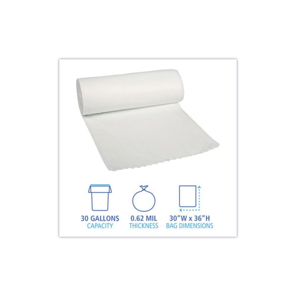 Low-Density Waste Can Liners, 30 gal, 0.5 mil, 30" x 36", White, Perforated Roll, 10 Bags/Roll, 20 Rolls/Carton. Picture 2